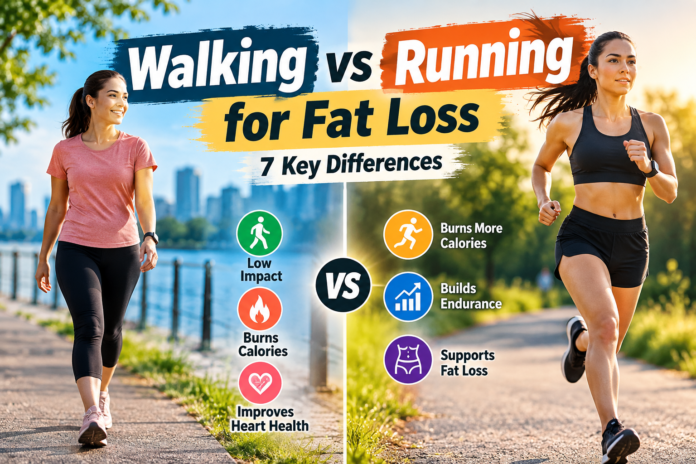 Walking vs Running for Fat Loss comparison showing walking and running exercises