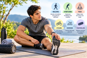 Active Recovery Day Routine showing low-impact mobility and flexibility exercises