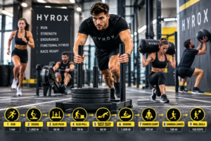 Beginner HYROX workout featuring sled push and strength training