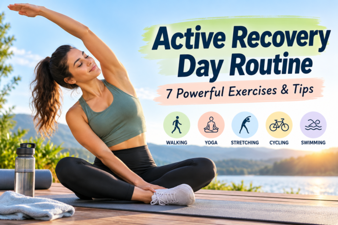 Active Recovery Day Routine with gentle stretching and walking exercises for muscle recovery
