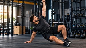 Advanced kettlebell workout demonstrating proper Turkish get-up technique.