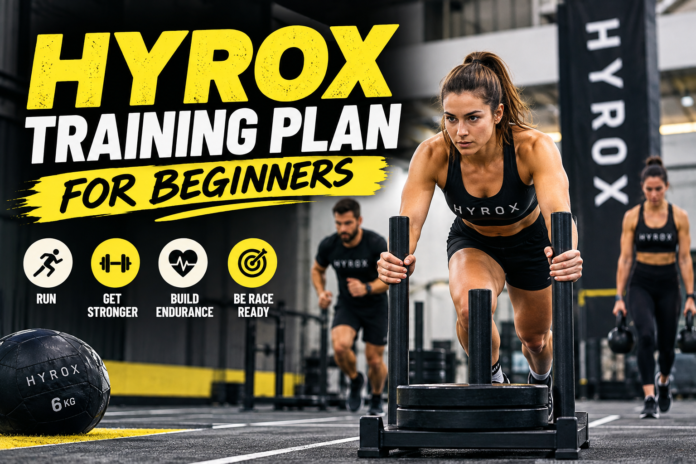 HYROX Training Plan for Beginners with functional fitness and running exercises